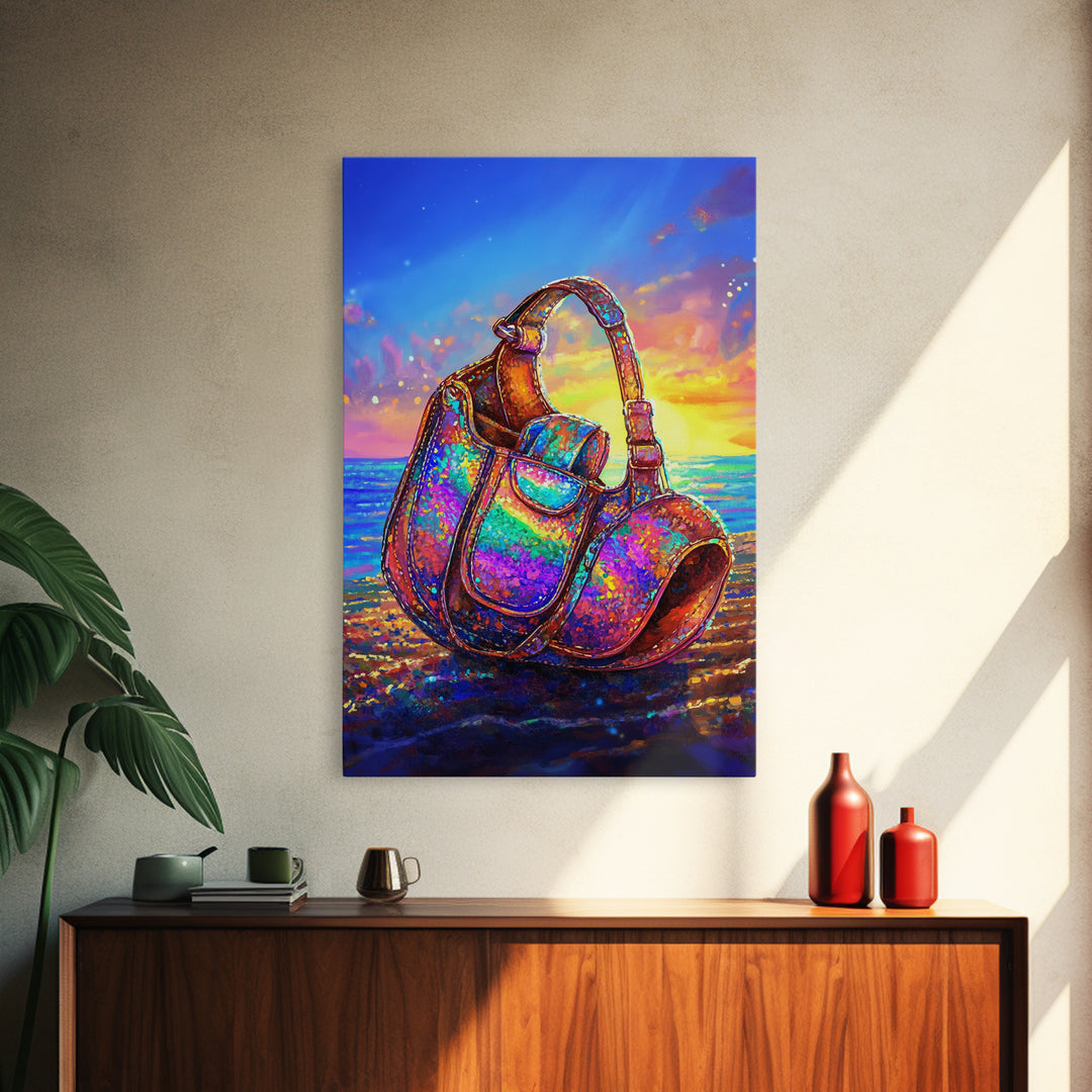 Iridescent Headphones On Sunset Beach Canvas Print, Music Studio Wall Art, Ocean Decor, Gamer Room Decor, Gift For Him, Art Gift