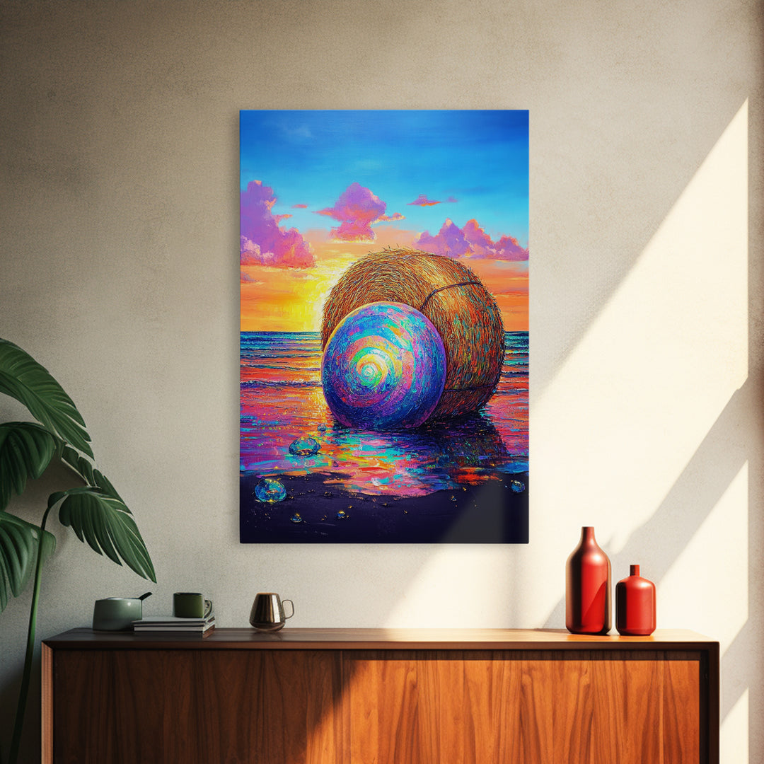 Rainbow Shell And Hay Bale On Beach Canvas Print, Coastal Wall Art, Ocean Sunset Seascape Decor, Beach House Home Decor Gift