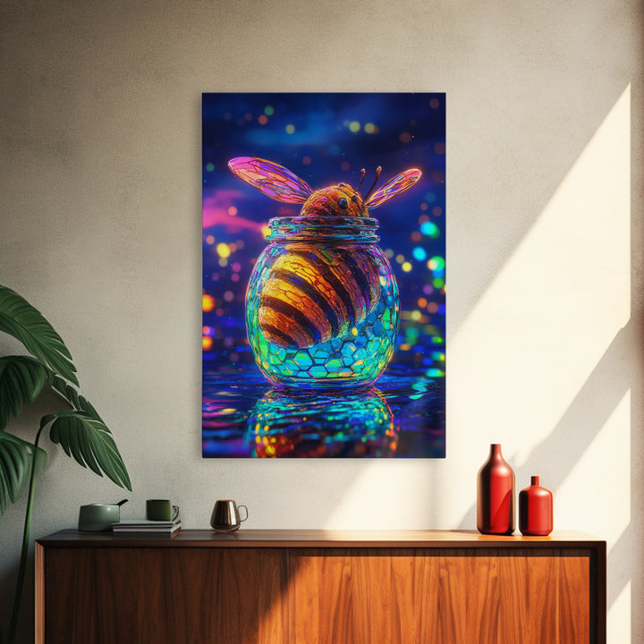 Glowing Honey Bee In Glass Jar Framed Canvas Print, Whimsical Animal Wall Art, Nature Home Decor, Bee Lover Gift For Her