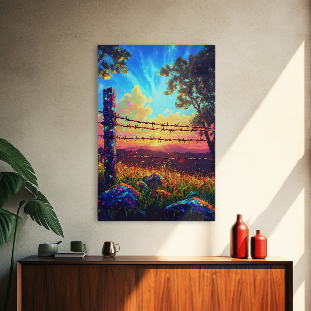 Barbed Wire Fence At Sunset Meadow Canvas Print, Rustic Western Wall Art, Farmhouse Decor, Country Landscape Housewarming Gift