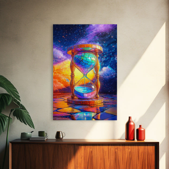 Cosmic Stained Glass Hourglass Canvas Print, Surreal Celestial Wall Art For Office Decor, Modern Home Decor Living Room Gift