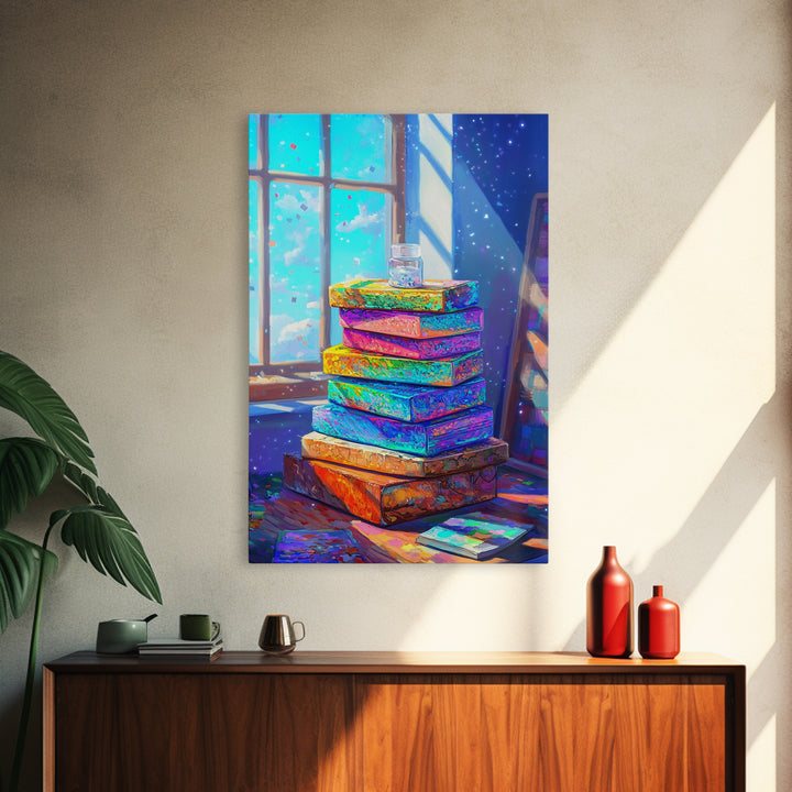 Rainbow Stack Of Books By Sunny Window Canvas Print, Cozy Bookstore Wall Art For Library Decor And Reading Nook Home Decor Gift