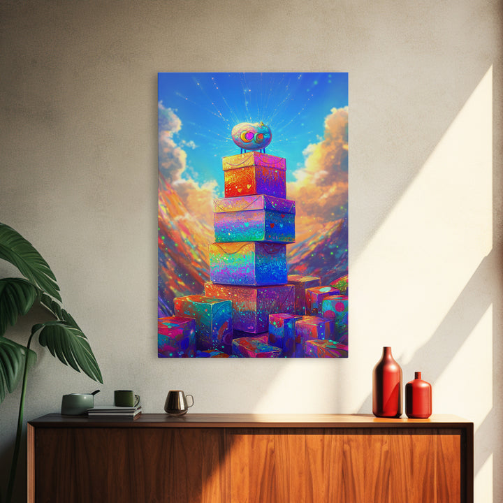 Sparkling Rainbow Gift Boxes In Mountain Sky Canvas Print, Whimsical Wall Art For Kids Room Nursery Decor And Birthday Gift