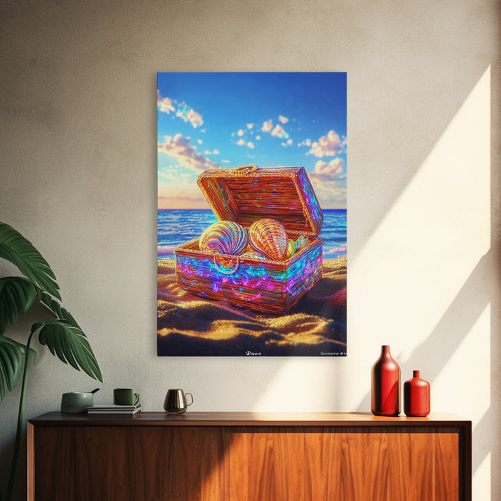 Glittering Seashell Treasure Chest Canvas Print, Coastal Beach House Decor, Ocean Wall Art, Nautical Gift For Her Home Decor