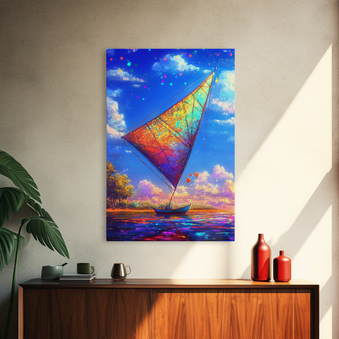 Rainbow Sailboat On Sparkling Water Wall Art, Coastal Canvas Print, Nautical Decor, Ocean Art, Beach House Gift, Home Decor