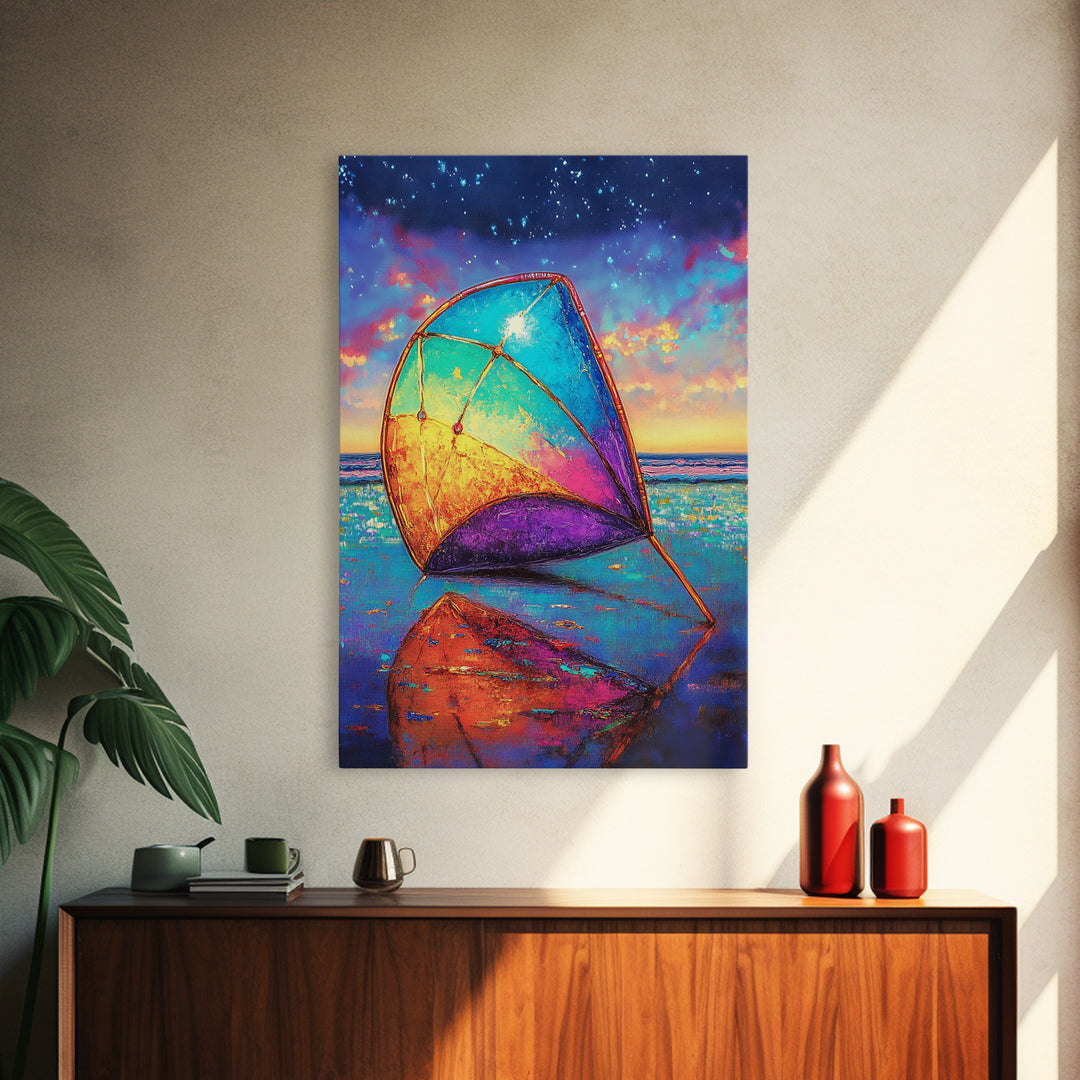 Rainbow Beach Sail At Twilight Canvas Print, Coastal Wall Art, Ocean Seascape Decor, Nautical Beach House Gift, Home Decor