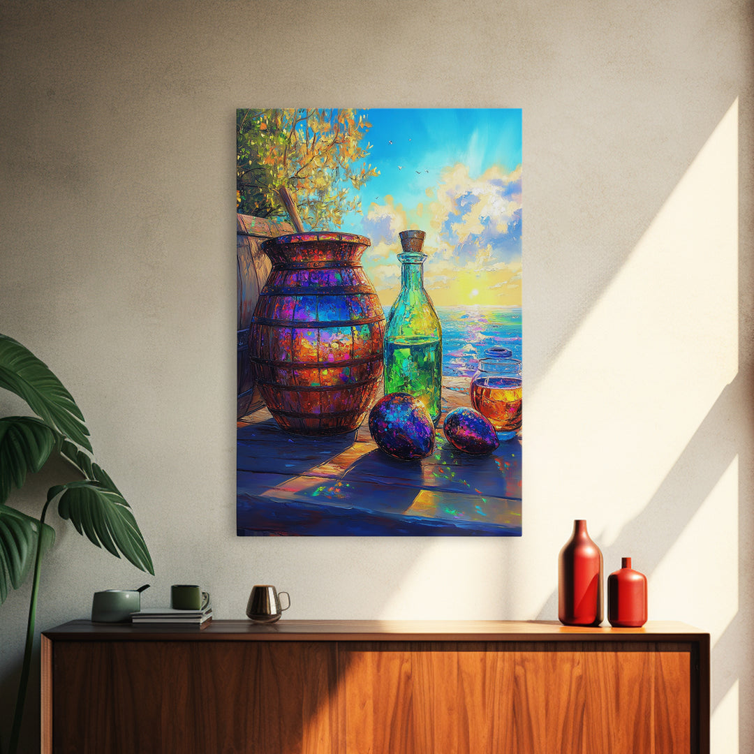 Coastal Bottle Vase And Figs Framed Canvas Print, Mediterranean Kitchen Wall Art, Wine Decor, Beach House Decor, Fine Art Print