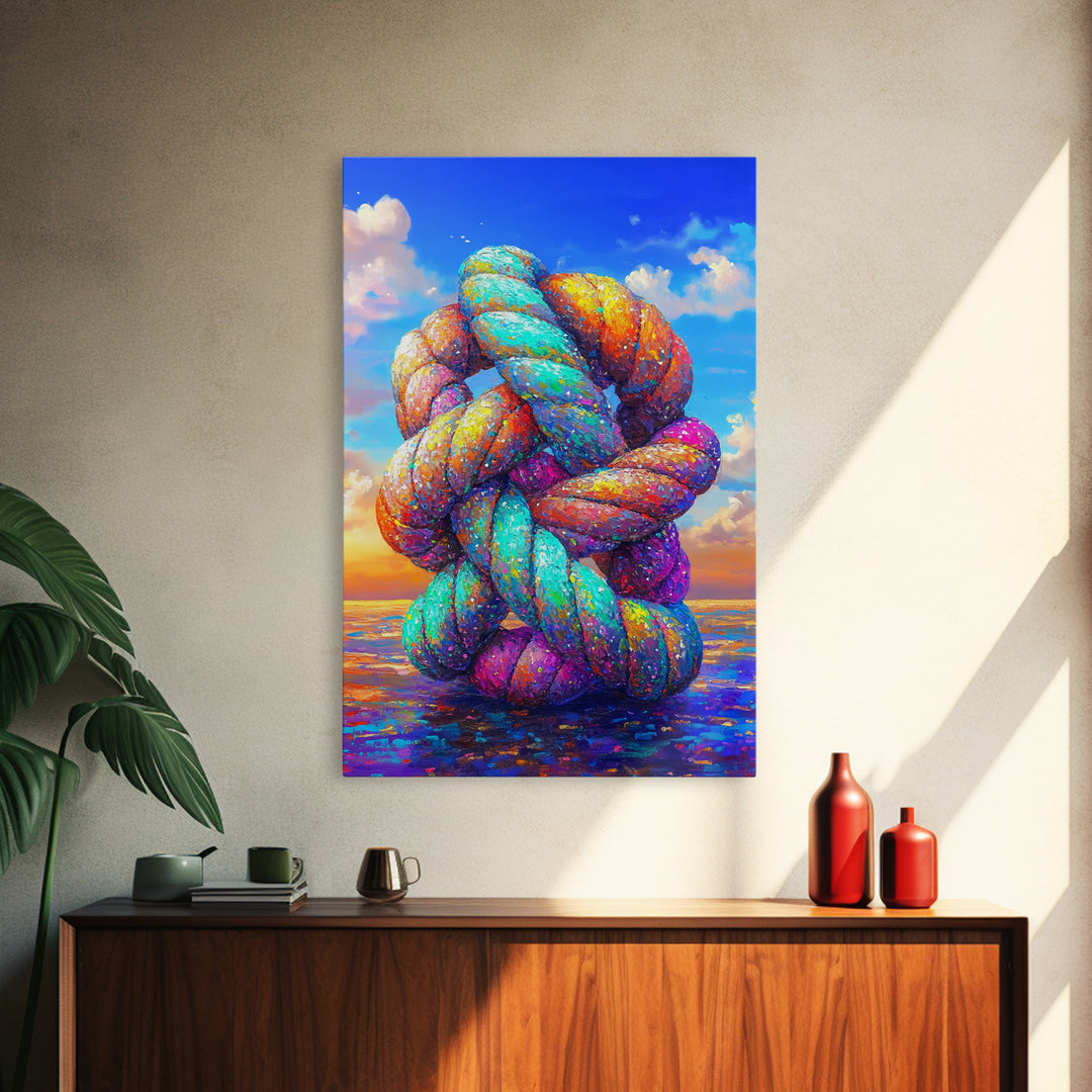 Rainbow Twisted Knot Sculpture In Ocean Framed Canvas Print, Colorful Abstract Art, Modern Wall Art, Statement Home Decor