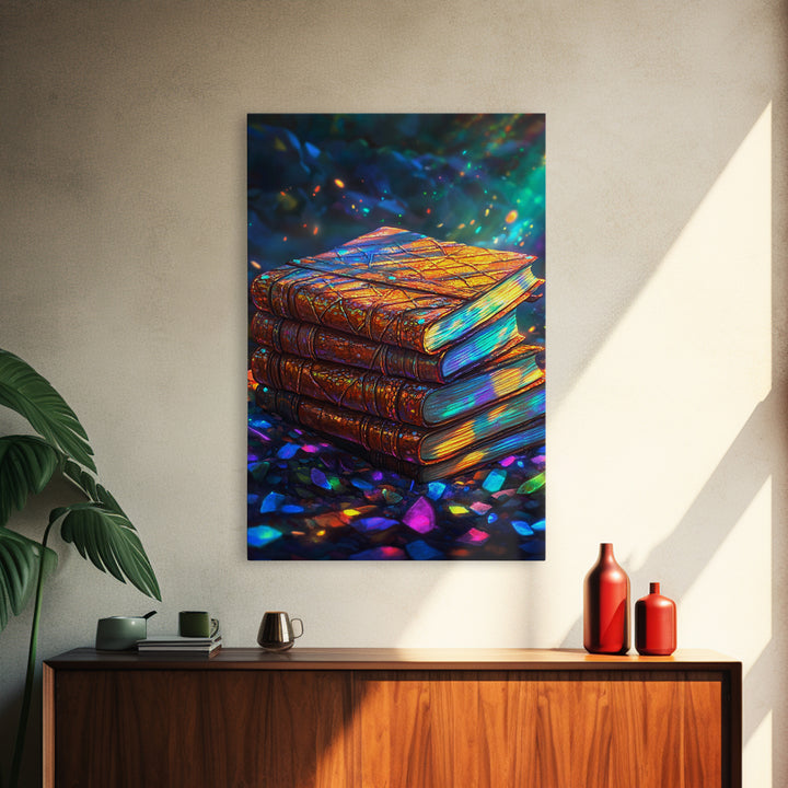 Glowing Antique Books Stack Canvas Print, Bookish Wall Art, Cozy Library Decor, Dark Academia Gift For Book Lover, Home Decor