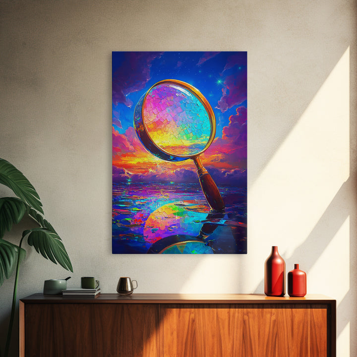 Rainbow Magnifying Glass At Sunset Canvas Print, Surreal Ocean Wall Art, Coastal Seascape Decor, Unique Office Art Gift For Him