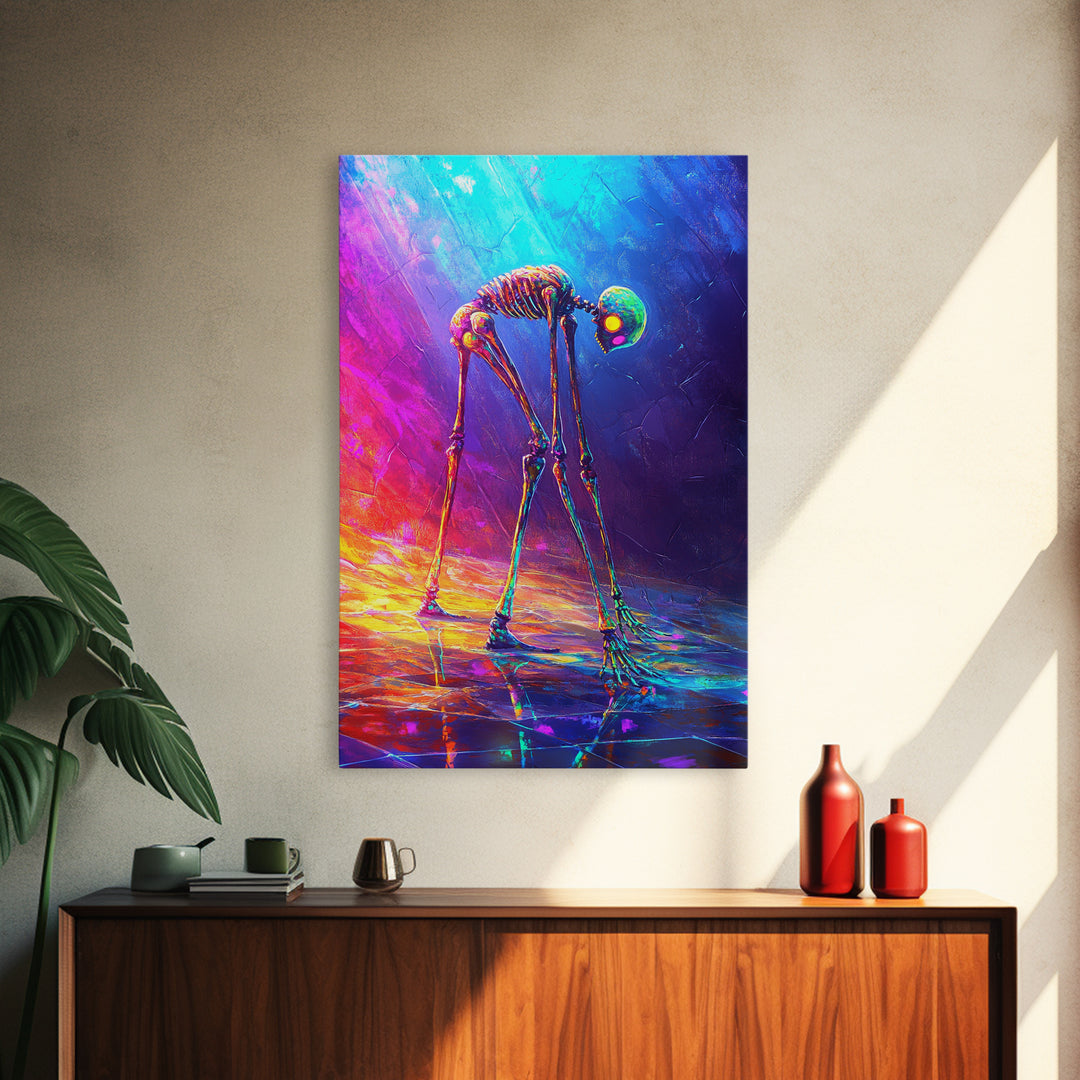 Neon Rainbow Skeleton Walker Framed Canvas Print, Surreal Dark Art, Gothic Wall Decor, Dystopian Sci Fi Artwork Gift For Him