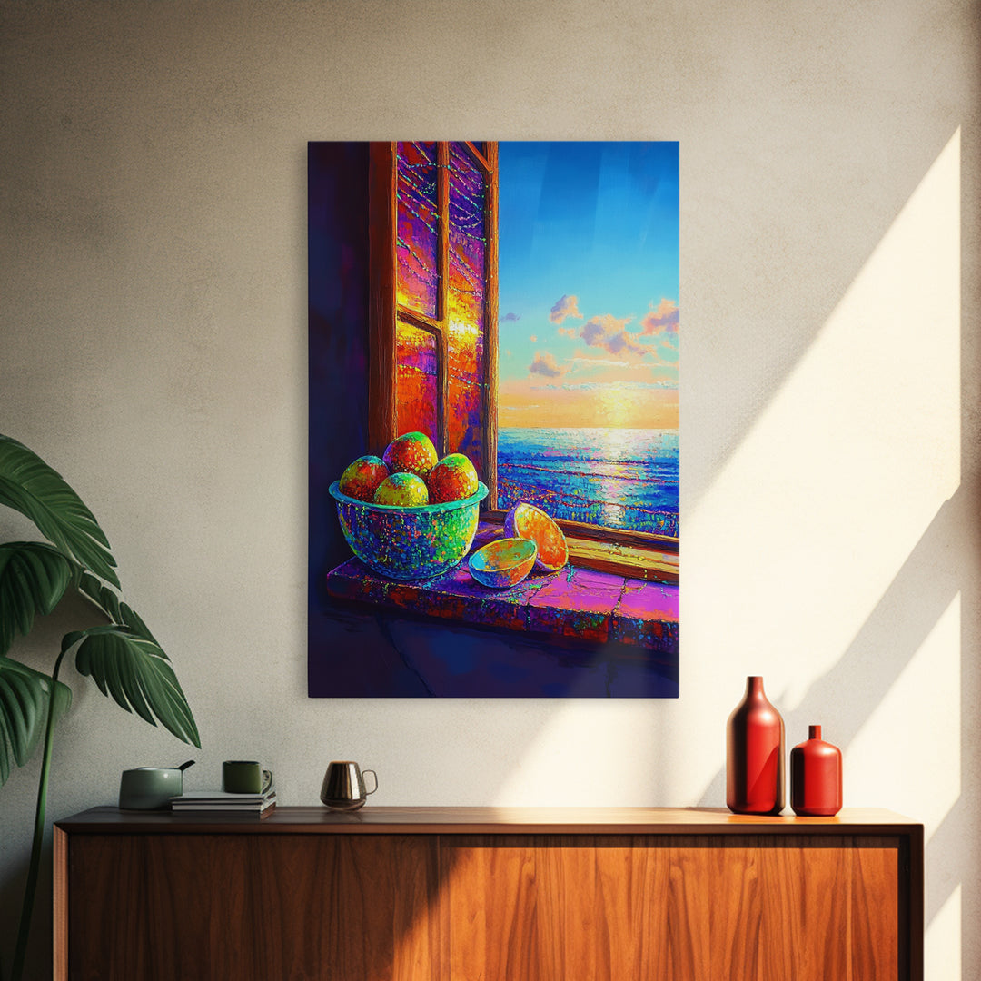 Sunlit Oranges By Ocean Window Canvas Print, Coastal Kitchen Wall Art, Beach House Decor, Vibrant Fruit Still Life Gift For Her