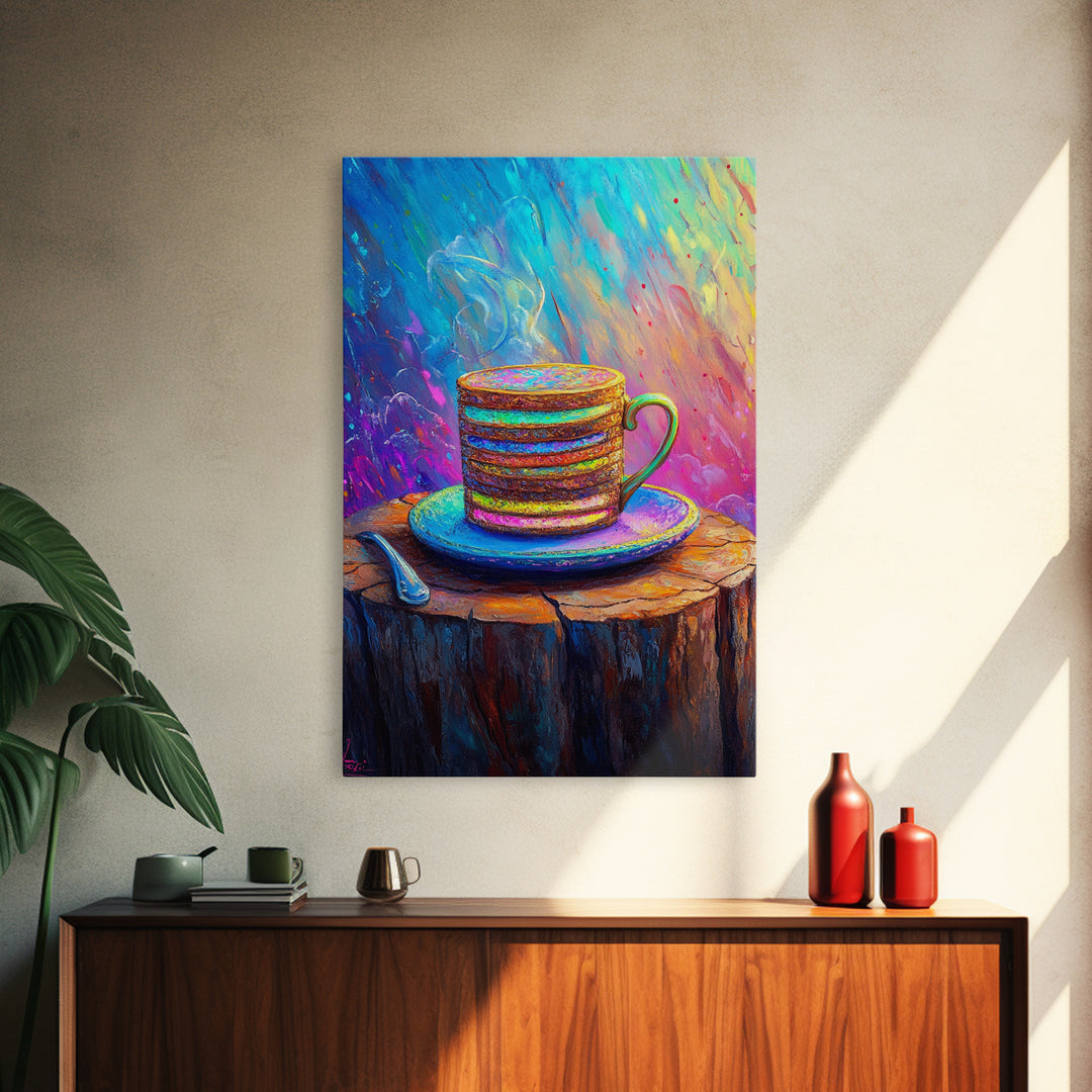 Steaming Rainbow Coffee Cup On Rustic Stump Canvas Print, Cozy Kitchen Wall Art, Coffee Bar Decor, Gift For Coffee Lover