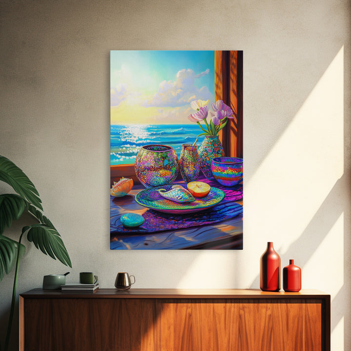 Seaside Shells And Flowers On Sunny Table Canvas Print, Coastal Kitchen Wall Art, Beach House Decor, Ocean Home Decor Gift