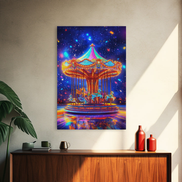 Glowing Carousel Horses Under Starry Sky Canvas Print, Whimsical Wall Art, Nursery Decor, Fantasy Art, Kids Room Decor Gift
