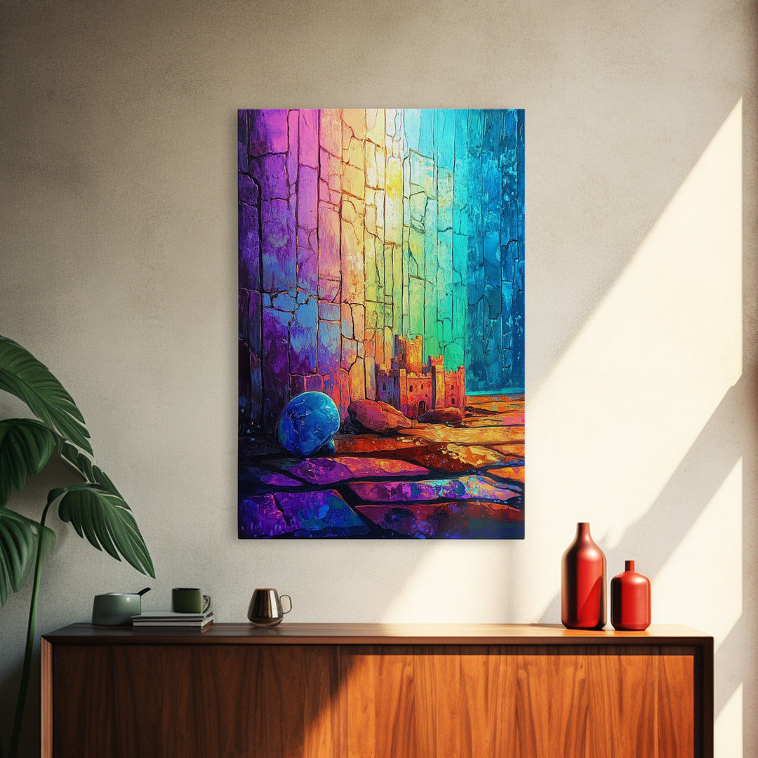 Tiny Castle And Blue Ball In Rainbow Light Framed Canvas Print, Abstract Wall Art, Colorful Decor, Whimsical Fantasy Gift