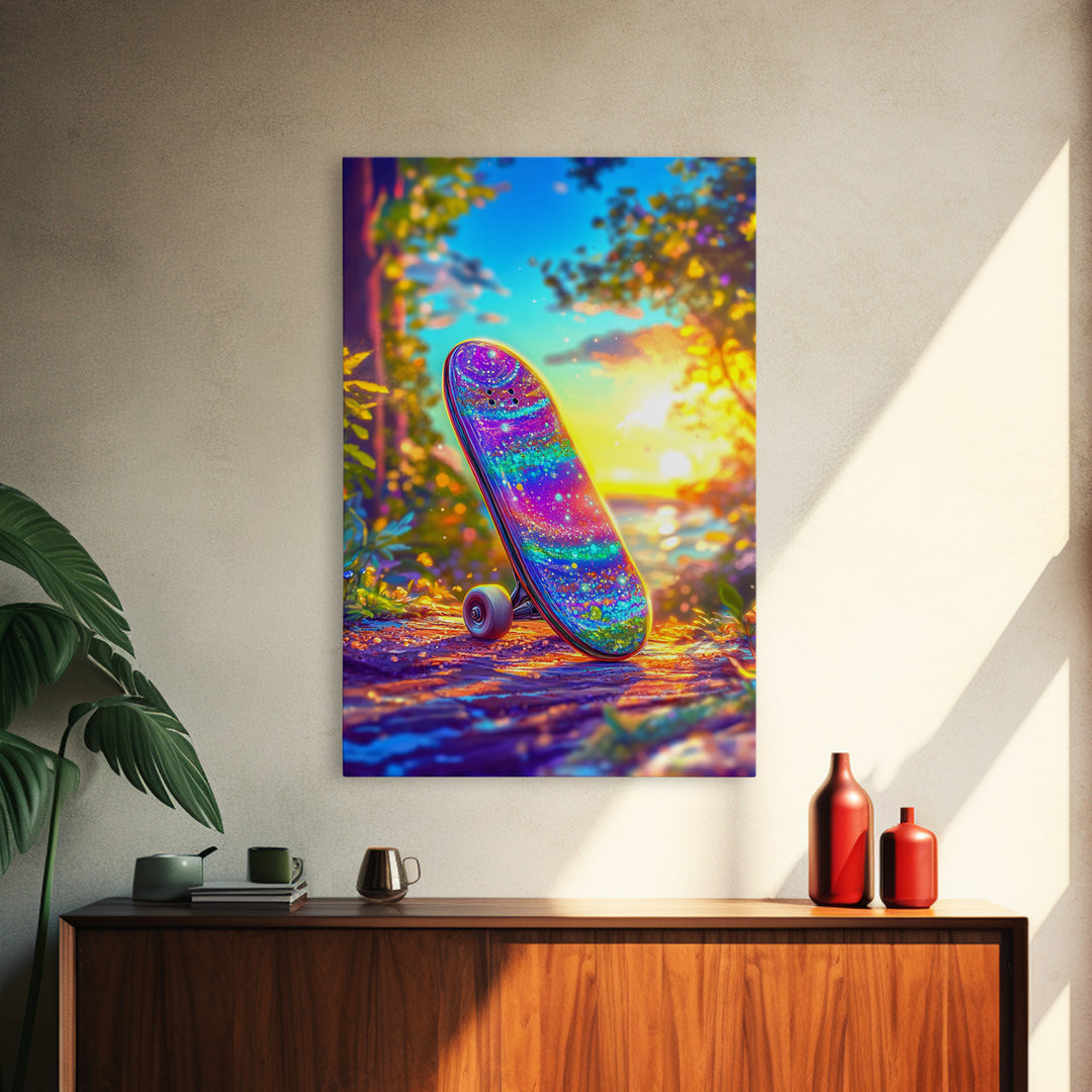 Rainbow Glitter Skateboard At Golden Sunset Wall Art, Canvas Print, Colorful Teen Room Decor, Skateboard Poster, Unique Gift
