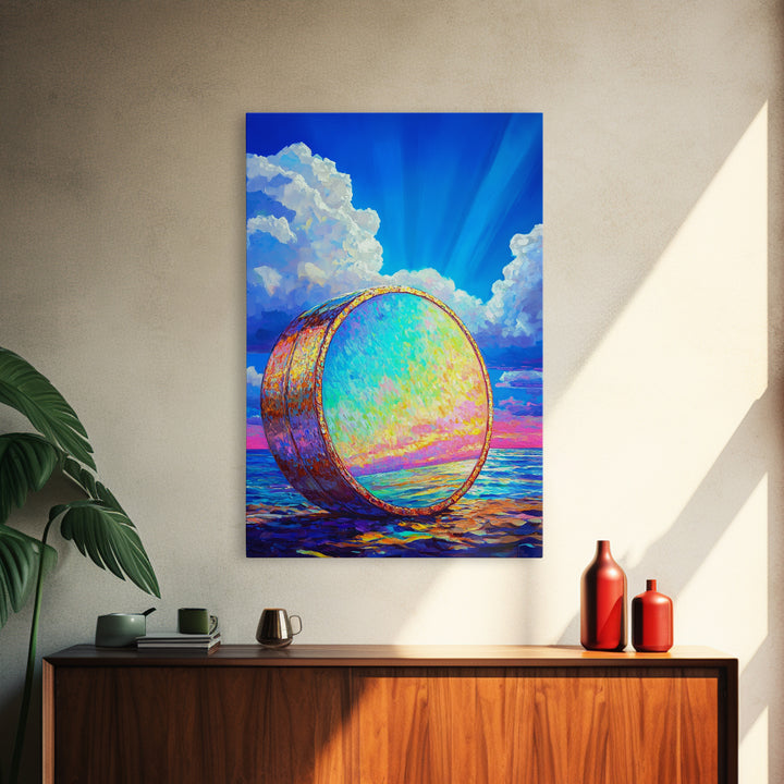 Iridescent Ocean Drum Under Blue Sky Canvas Print, Coastal Wall Art, Music Room Decor, Seascape Art Print, Colorful Gift