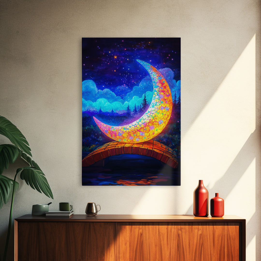 Glowing Crescent Moon Bridge Wall Art, Celestial Canvas Print, Fantasy Nursery Decor, Whimsical Night Sky Art Gift For Kids Room