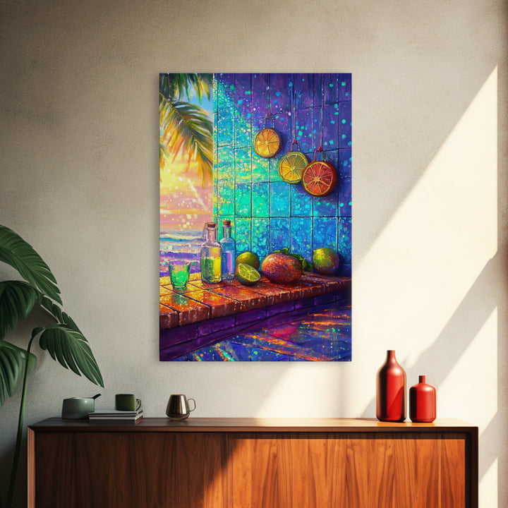 Tropical Citrus Window Still Life Framed Canvas Print, Coastal Kitchen Wall Art, Beach House Decor, Colorful Bar Art Poster