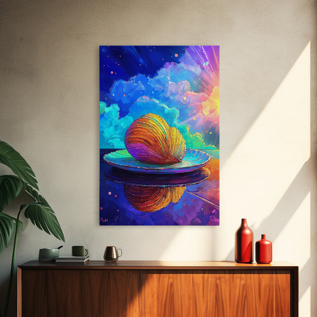 Rainbow Seashell On Reflective Plate Wall Art, Coastal Canvas Print, Ocean Decor, Beach House Gift, Colorful Seascape Art