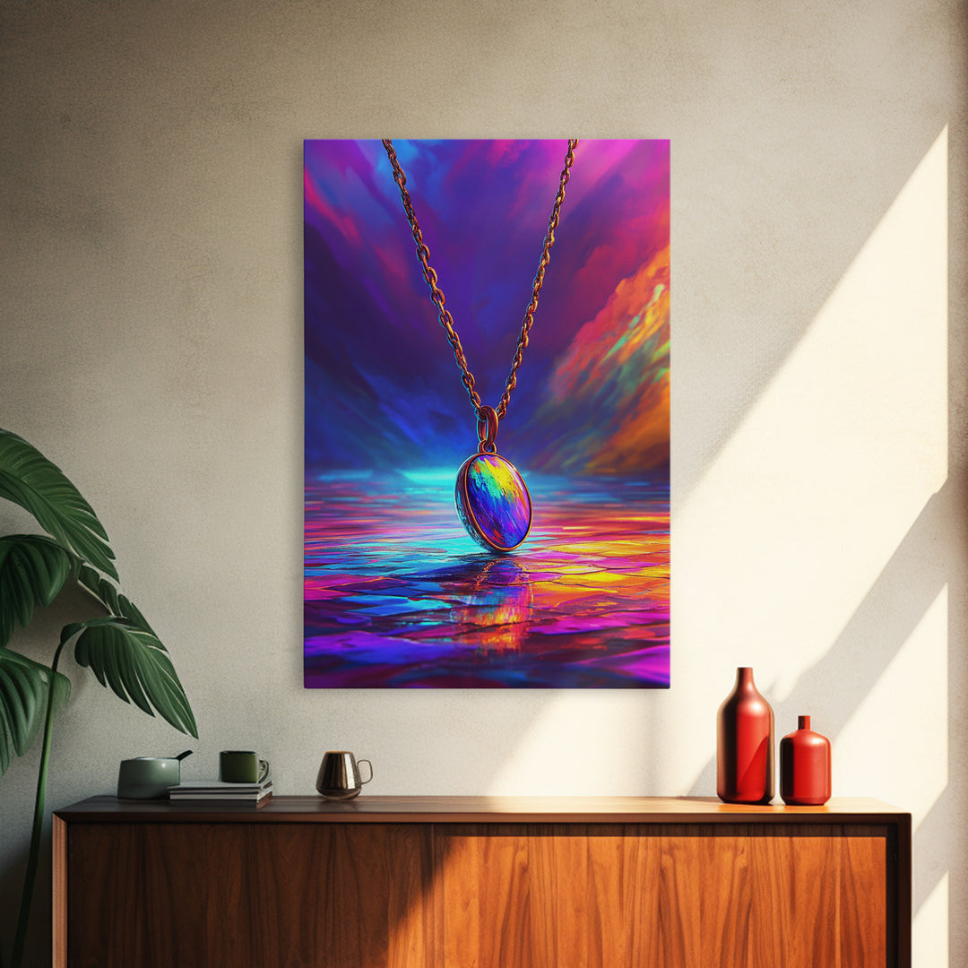Rainbow Pendant Necklace Over Sunset Sea Framed Canvas Print, Colorful Wall Art, Jewelry Lover Gift, Romantic Ocean Decor
