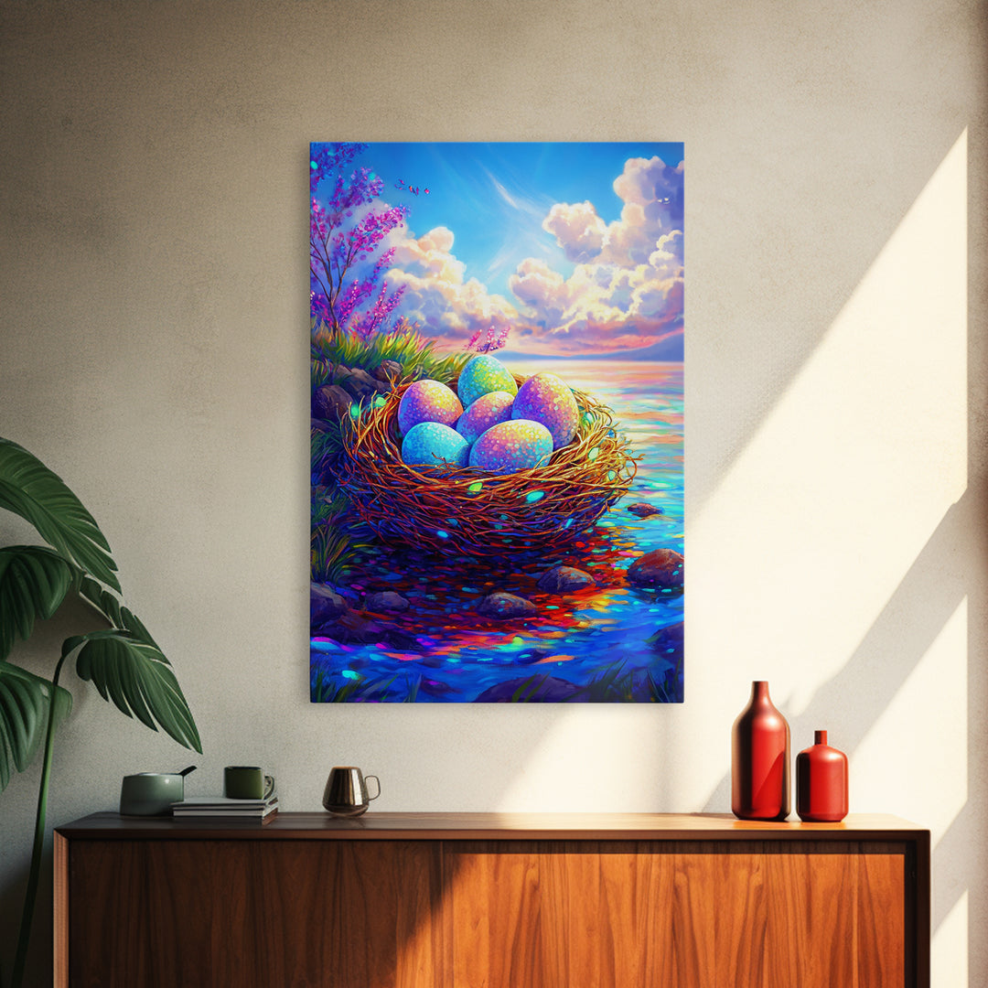 Pastel Eggs In Seaside Nest Wall Art, Colorful Coastal Canvas Print, Easter Nursery Decor, Whimsical Housewarming Gift