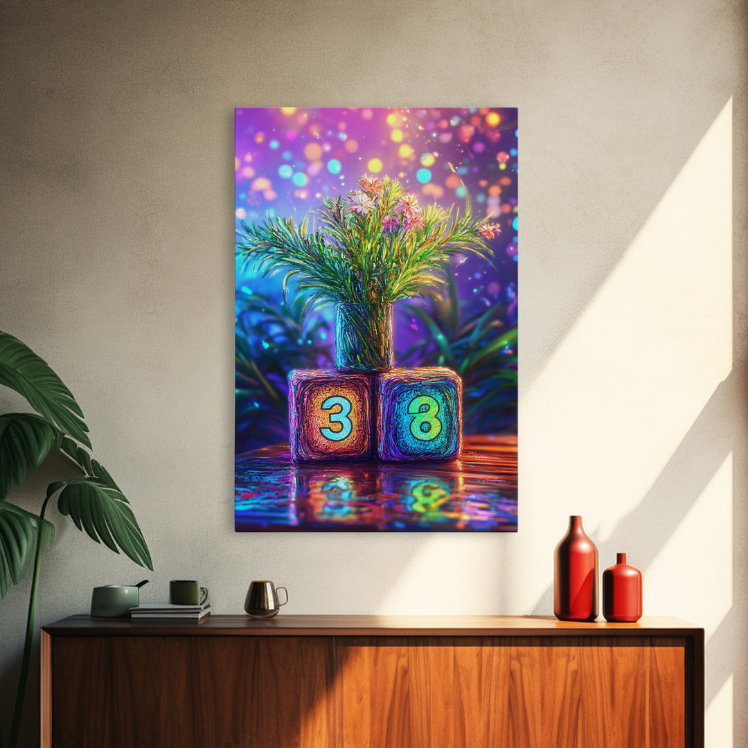Number Blocks With Blooming Plant Wall Art, Colorful Nursery Canvas Print, Kids Room Decor, Baby Shower Housewarming Gift