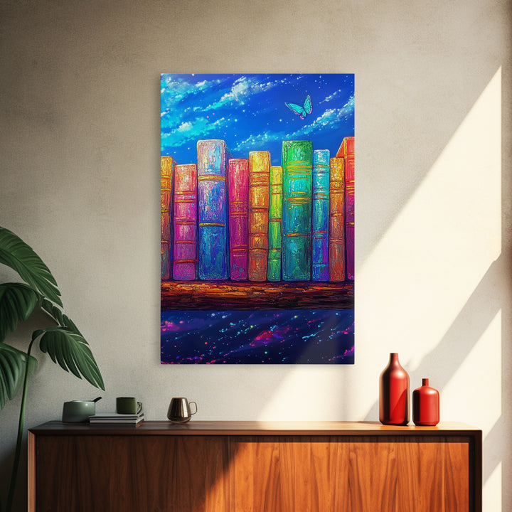 Rainbow Books Under Starry Sky Wall Art, Colorful Library Canvas Print, Book Lover Gift, Reading Nook Home Office Decor Print