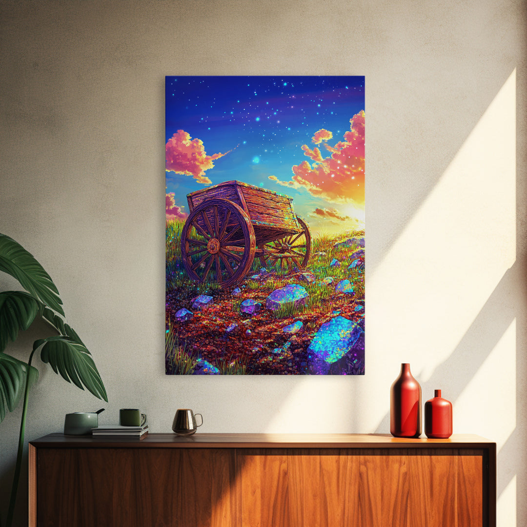 Rustic Wooden Wagon In Starry Meadow Wall Art, Colorful Country Landscape Canvas Print, Western Farmhouse Decor Housewarming Gift