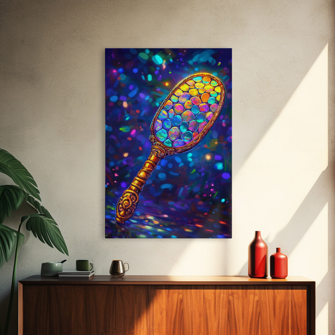 Iridescent Hand Mirror Wall Art, Rainbow Glass Painting, Maximalist Bathroom Decor, Dopamine Decor, Framed Canvas Print, Gift