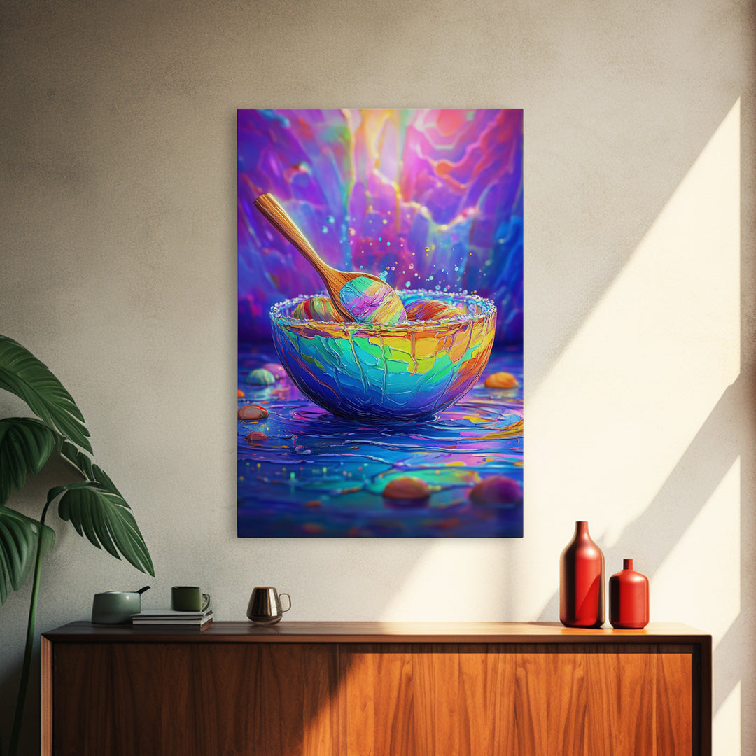Rainbow Bowl And Spoon Canvas Print, Colorful Kitchen Still Life Painting, Dopamine Decor, Whimsical Wall Art, Foodie Gift