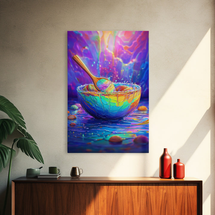 Rainbow Bowl And Spoon Canvas Print, Colorful Kitchen Still Life Painting, Dopamine Decor, Whimsical Wall Art, Foodie Gift