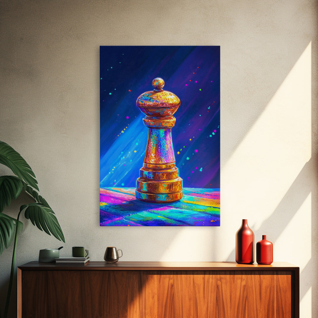 Glowing Rainbow Chess Piece Framed Canvas Print, Game Room Art, Masculine Office Decor, Modern Wall Art, Home Office Decor, Gift For Him