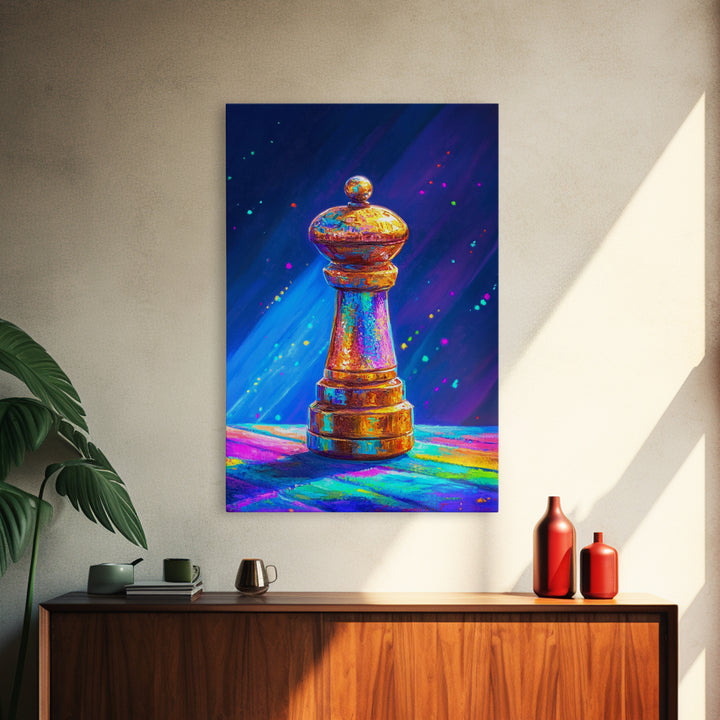 Glowing Rainbow Chess Piece Framed Canvas Print, Game Room Art, Masculine Office Decor, Modern Wall Art, Home Office Decor, Gift For Him