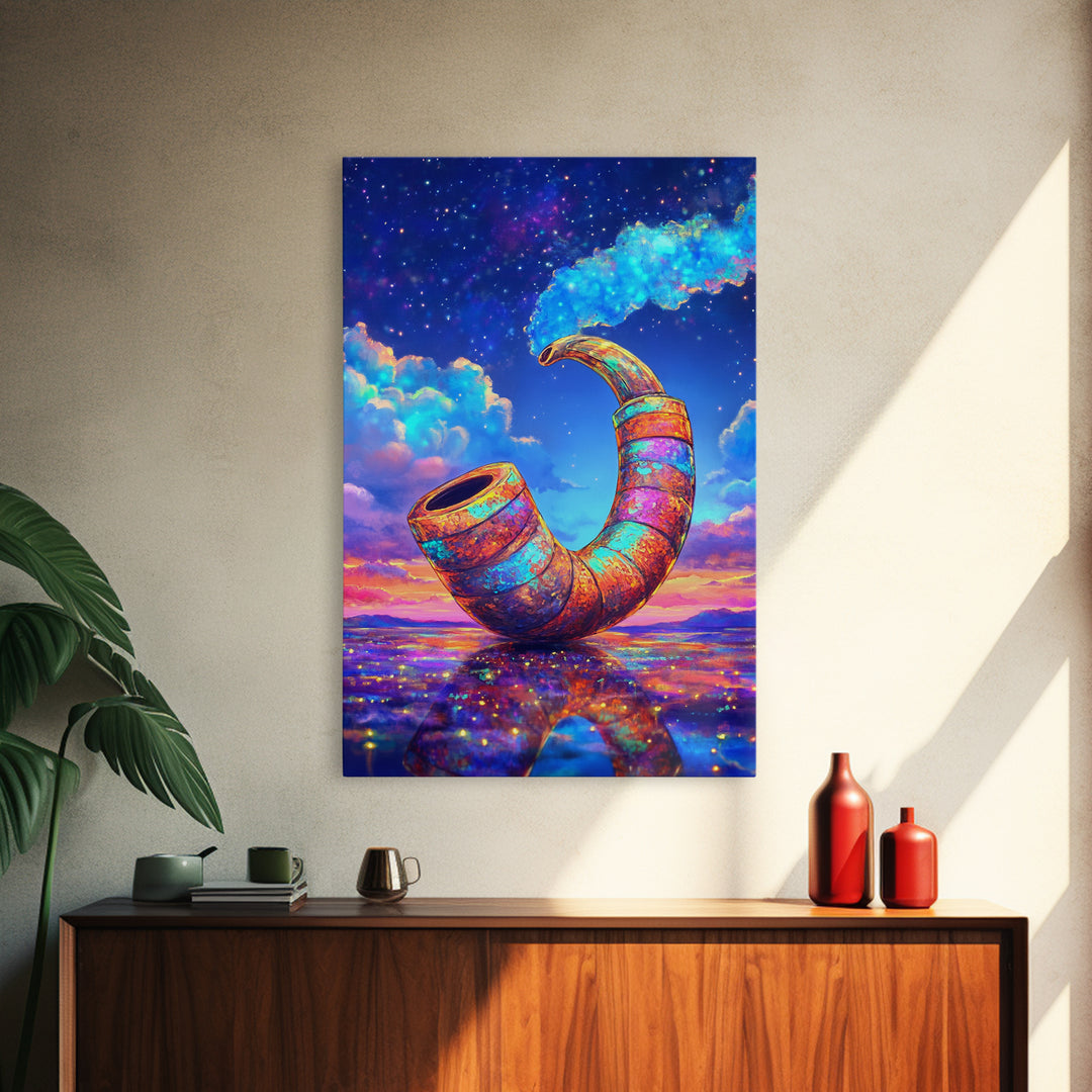 Cosmic Rainbow Smoking Pipe Framed Canvas Print, Surreal Wall Art, Psychedelic Space Decor, Colorful Statement Wall Art