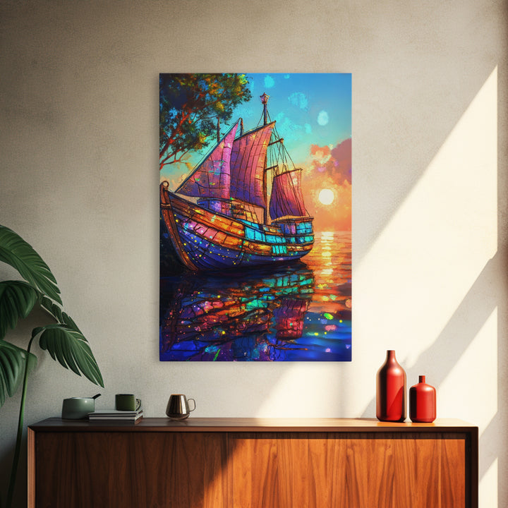 Stained Glass Sailboat At Sunset Canvas Print, Coastal Wall Art, Nautical Decor, Ocean Seascape Living Room Wall Art, Beach House Decor