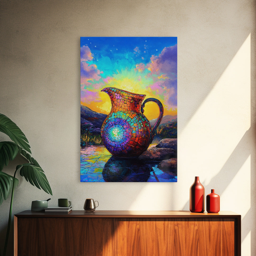 Mosaic Rainbow Pitcher At Sunrise Framed Canvas Print, Colorful Wall Art, Southwestern Decor, Mountain Landscape Painting