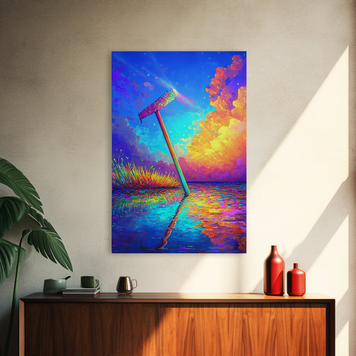 Glowing Rainbow Squeegee In Water Canvas Print, Surreal Wall Art, Dopamine Decor, Colorful Abstract Landscape, Statement Wall Art