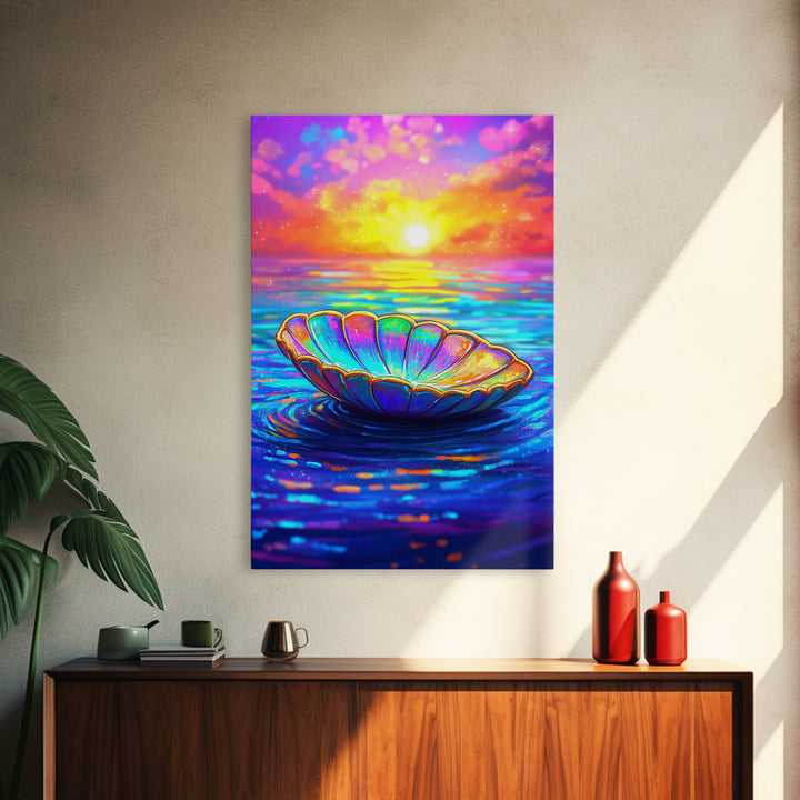 Iridescent Shell Bowl At Ocean Sunset Wall Art, Coastal Decor, Beach House Art, Colorful Seascape Canvas Print, Living Room Wall Art