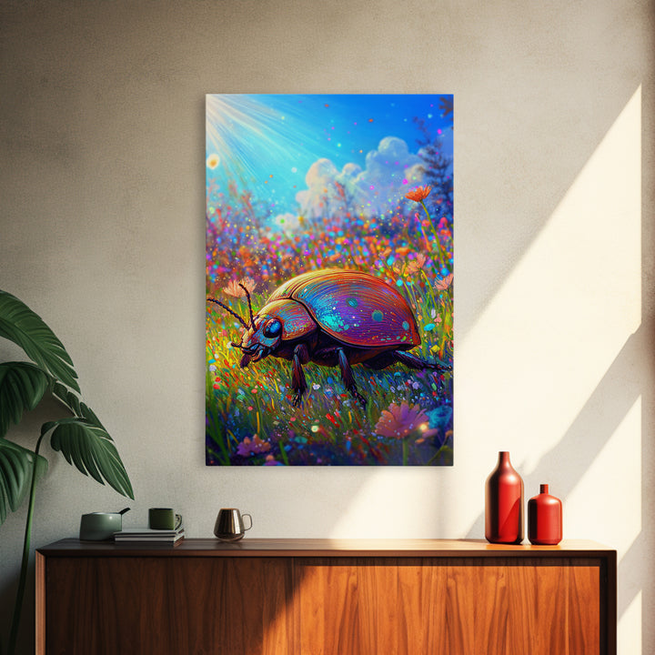 Rainbow Ladybug In Sunlit Wildflower Meadow Canvas Print, Whimsical Animal Art, Nature Wall Art, Bright Colorful Nursery Decor