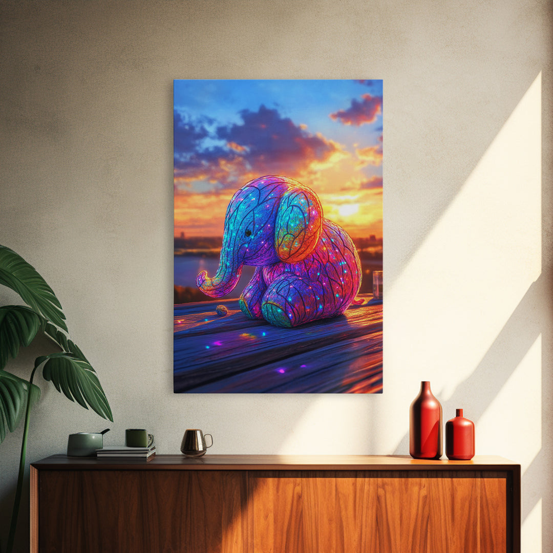 Glowing Rainbow Baby Elephant At Sunset Wall Art, Whimsical Animal Art, Nursery Wall Art, Colorful Kids Room Decor Cute Gift
