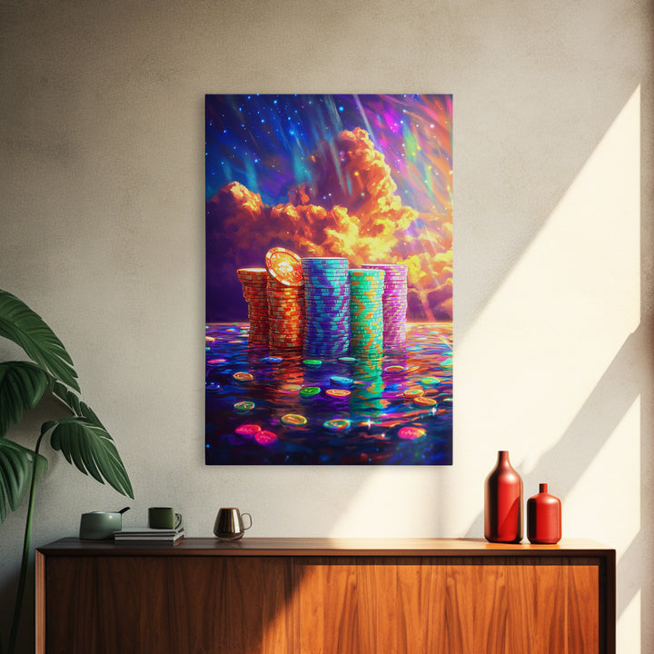 Glowing Crypto Coin Stacks Under Cosmic Sky Canvas Print, Bitcoin Art, Neon Wall Art, Gamer Room Decor, Gift For Him, Modern Art