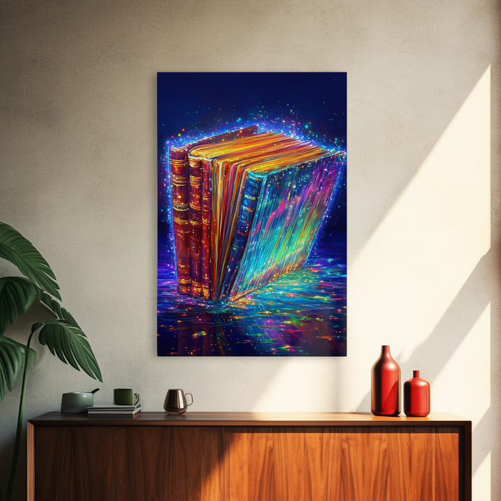 Glowing Rainbow Books With Sparkling Magic Wall Art, Library Decor, Book Lover Gift, Dark Academia, Fantasy Art Print, Home Decor