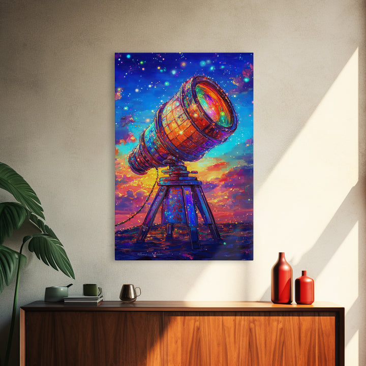 Rainbow Telescope Under Starry Sunset Sky Canvas Print, Astronomy Wall Art, Space Decor, Celestial Art, Gift For Him, Sci Fi Art