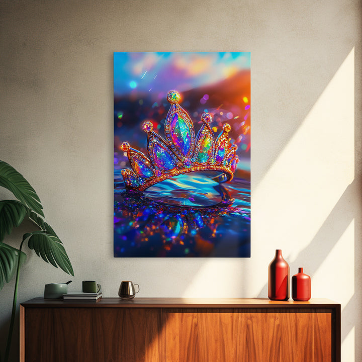 Sparkling Rainbow Tiara Crown On Water Canvas Print, Princess Wall Art, Girly Room Decor, Maximalist Wall Decor Gift For Her