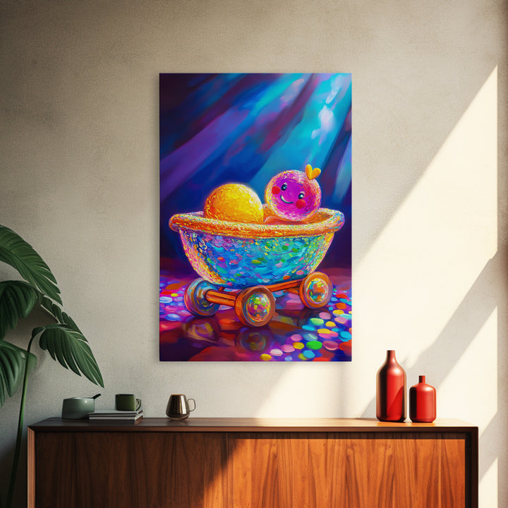 Whimsical Toy Wagon With Smiling Doll Canvas Print, Colorful Nursery Wall Art, Playroom Decor, Kids Room Art, Cute Gift Idea