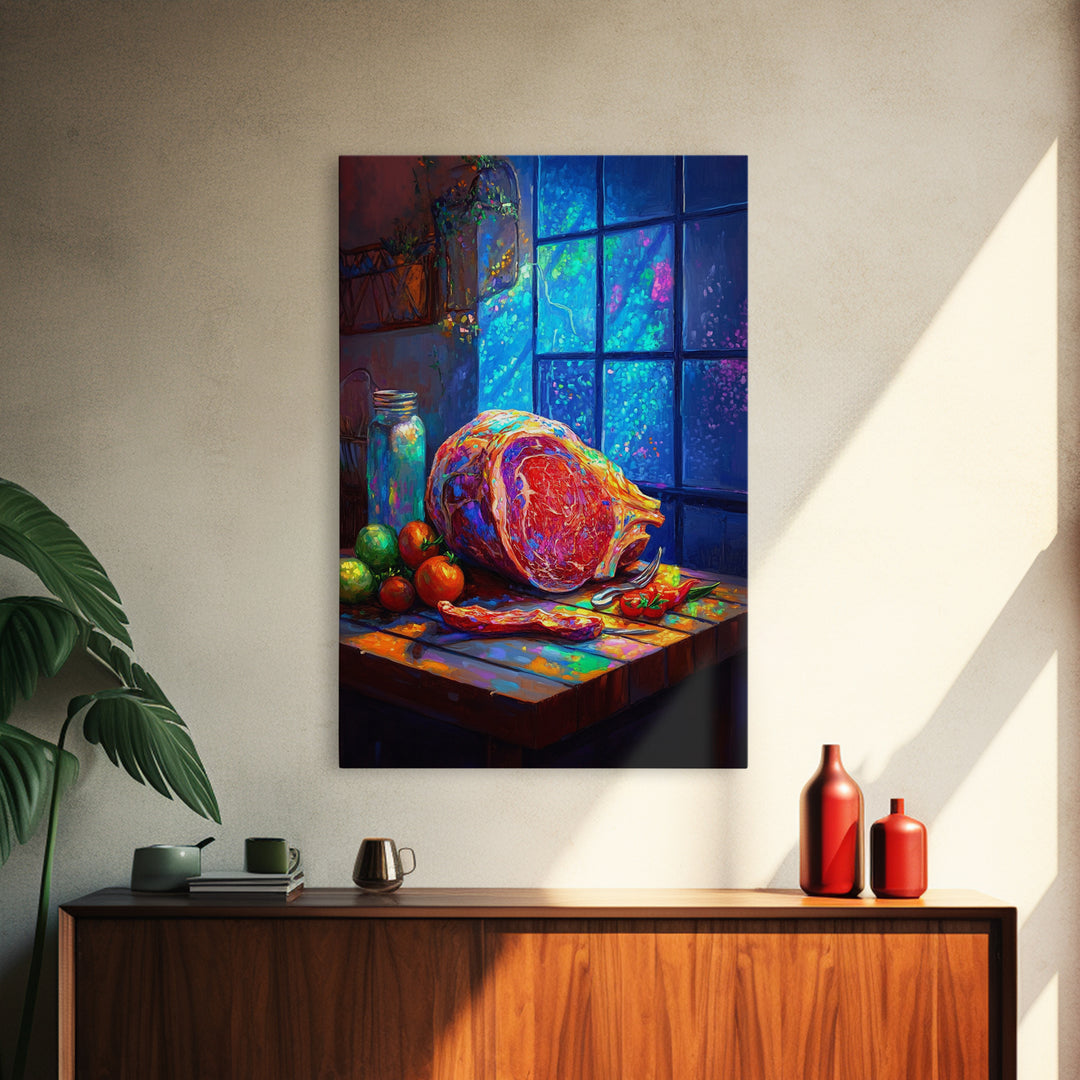 Rustic Ham Still Life By Blue Window Wall Art, Kitchen Canvas Print, Food Art, Farmhouse Decor, Dining Room Print, Housewarming Gift