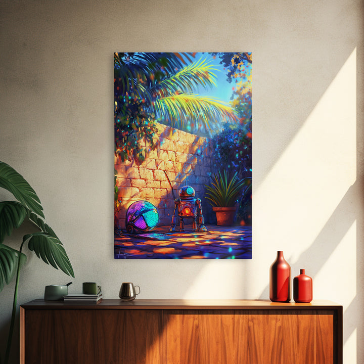Tiny Robot With Yarn In Tropical Courtyard Canvas Print, Whimsical Sci Fi Wall Art, Futuristic Decor, Kids Room Art, Gift