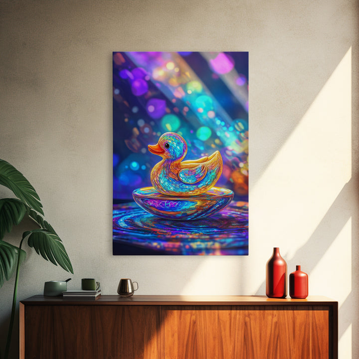 Glowing Rainbow Rubber Duck Canvas Print, Whimsical Animal Wall Art, Cute Bathroom Decor For Kids Room And Nursery Gift